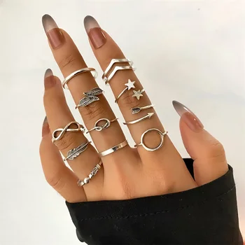 בוהמי חלול מעגל טוויסט משותפת הטבעת להגדיר עבור נשים רטרו גיאומטריים מעגל כוכב מפרק אצבע טבעת אופנתית לנשים תכשיטים מתנה