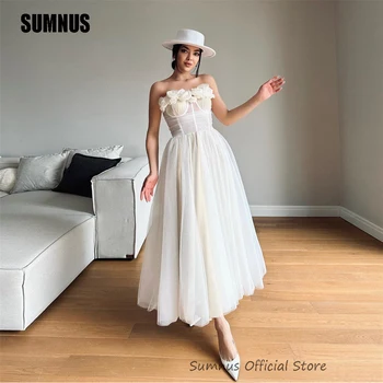 SUMNUS לבן טול סטרפלס A-Line שמלות ערב פשוטות פרחונית ללא שרוולים קרסול-אורך כלה החוף מזדמנים צד שמלות