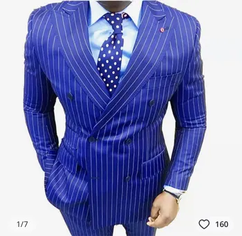 223 הנמכר ביותר עם הפסים הכחולים גברים חליפת שמלת מסיבת החתן חליפות עסקים לגברים בלייזר משרד ללבוש Mens חליפות 2pcs (ז ' קט+מכנסיים)
