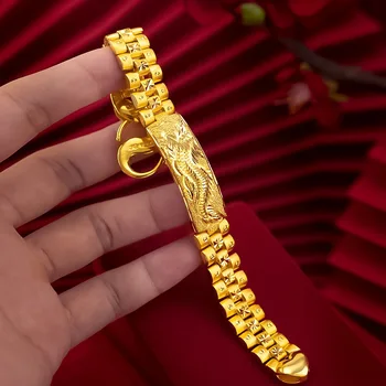 אופנה אמיתית 24k זהב צבע דרקון דפוס צמיד לנשים של גברים פתוח וינטג ' צמיד יום הנישואין תכשיטים מתנות