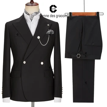 Cenne Des Graoom חדש החתונה של גברים בחליפות טוקסידו שחורה מעילים קר (המניף) מכנסיים כפול עם חזה הזהב כפתור שיא דש עם שרשרת