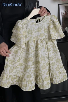 2023 חדש קיץ בנות שמלת שרוול קצר פרחוני קפלים בנות שמלת תינוק מתוק בנות שמלת נסיכת הילדים שמלות ערב