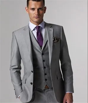 הגעה חדשה בהזמנה אישית אפור בהיר מעייל פראק גברים חליפה להגדיר סלים חליפות חתונה Mens אפור החתן חליפות( ז ' קט+מכנסיים+אפוד+עניבה)