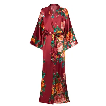 מעולה הדפס פרחים נשים החתונה חלוק קימונו החלוק שמלת מקרית אינטימי רך סאטן הלבשת לילה אלגנטי בורגנדי כתונת 6XL
