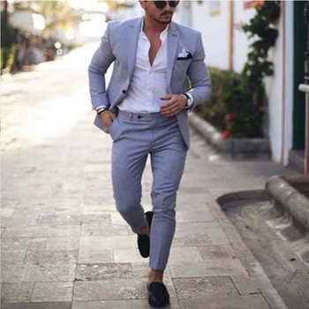 2023 באיכות גבוהה החתונה לשיא דש חליפת העסקים בלייזר מסיבת תחפושות, חליפות אפור בהיר גברים טוקסידו 2 חלקים (ז ' קט+מכנסיים)