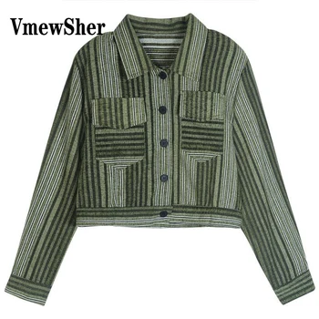 VmewSher חדש האביב סתיו שיק פסים נשים מעיל שרוול ארוך 2023 מזדמן מעיל קצר יחיד בעלות קרופ טופ מגניב הלבשה עליונה