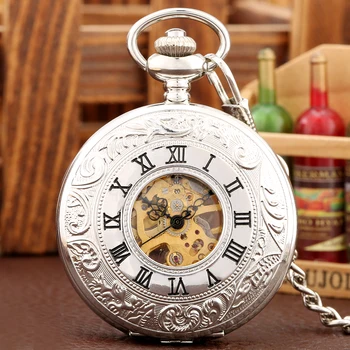 סילבר ספרות רומיות מכאני שעון כיס עתיק שעונים זהב שלד עם תליון יד מתפתל מנגנון השעון מתנה זכר