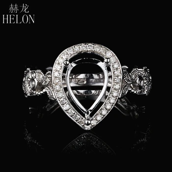 HELON אגס 10x7mm מוצק 10k זהב לבן 0.3 ct יהלומים טבעיים למחצה הר טבעת אירוסין נשים וינטאג', תכשיטים יפים טבעת יהלום