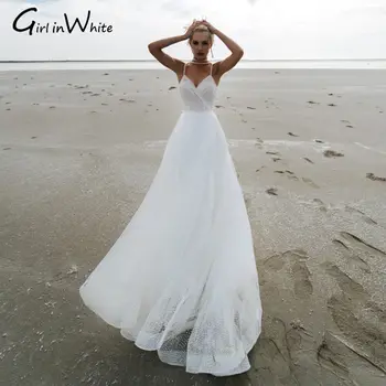 חוף ספגטי רצועות חתונה שמלה קו נצנצים ללא משענת שמלת חתונה 2023 כלה שמלת כלה שמלת Vestidos דה נוביה