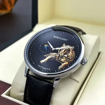 נמר שעונים אוטומטיים מכאני שעוני יד Mens ירח שלב זוהר ידיים עור יוקרה זכר שעון 2022 Relogio Masculino