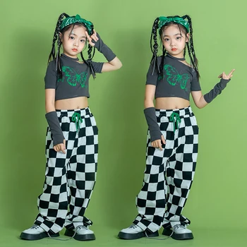 2023 חדש היפ-הופ תלבושת עבור בנות-off-כתף יבול העליון עם שרוול צבעוני מזדמנים ספורט מכנסיים ילדים הופעת ריקוד תלבושות