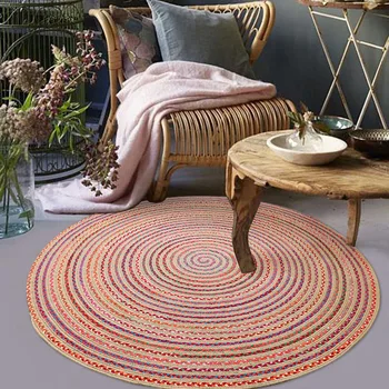 השטיח משק בית פסטורלי ארוגים ביד ליד המיטה שטיח עגול כותנה, יוטה השטיח בסלון תה שולחן שטיח הרצפה