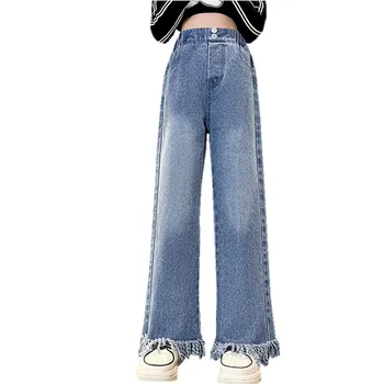 רחב הרגל המכנסיים נוער בנות קוריאני ישר אופנה ציצית העיצוב אביב סתיו חם המכירות ילדים וינטג ' ינס מכנסיים 10 12Y