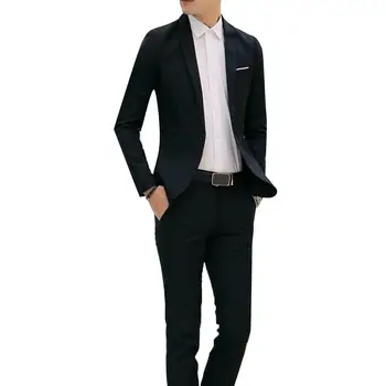 ג ' קט של חליפה הגברים 2Pcs המשרד אנשי עסקים מוצק צבע דש השרוול הארוך Slim מעיל חליפת מכנסיים