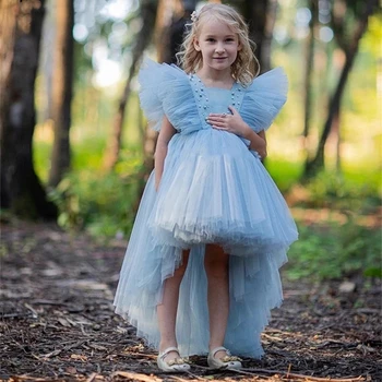 כחול אופנה הפעוט הנסיכה פרח ילדה שמלות פנינים סקופ קודש יום הולדת טקס החלוק דה Demoiselle 1-12 שנים