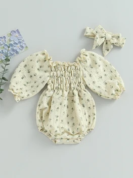 תינוקת פרחוני הדפסה רומפר וינטג ' בוהו Ruched בגד סרבל תלבושת להגדיר עבור הסתיו והחורף