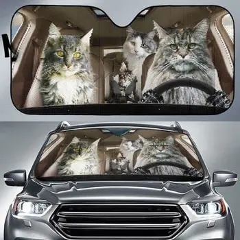 מצחיק מיין קון חתול המשפחה יד שמאל כונן המכונית שמשיה, מיין קון חתולים נהיגה אוטומטי, שמש, צל, מתנה מיין קון חתול המאהב