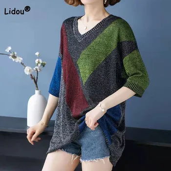 קוריאני ניגודיות צבע משולבים וינטג ' סרוגים מקסימום בגדי נשים אביב-קיץ נקבה V-צוואר אופנה חצי שרוול Pullovers