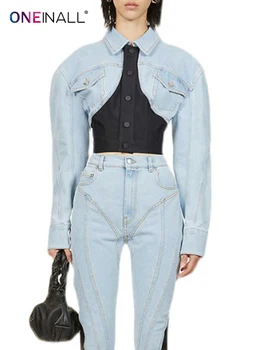 ONEINALL שני טון מעילים הלבשה עליונה לנשים סלים טלאים Colorblock ג 'ינס דש שרוול ארוך קצרה צמרות הג' קט נשי 2021 ליפול