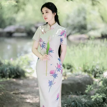 Yourqipao אלגנטי לנשים עם שרוולים קצרים פרחים גדולה משופרת Cheongsam חצאית 2023 הסיני צ ' יפאו שמלות Hanfu טאנג חליפה סגנון צעיר