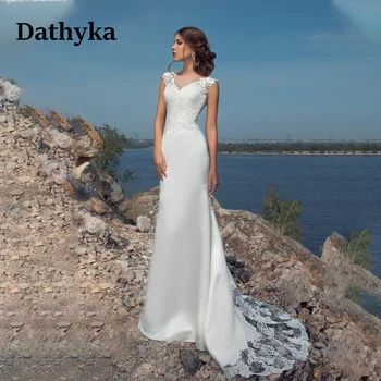 Dathyka רצועות אשליה שמלות חתונה עבור הכלה אפליקציות חצוצרת תחרה אלגנטית על כפתור באורך רצפת רוכסן שיפון ו-סאטן